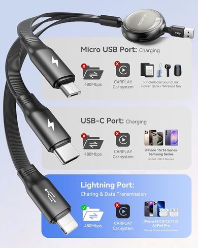 كابل شاحن متعدد mcdodo 3 في 1 كابل شحن USB قابل للسحب مع منافذ Lightning/Type C/Micro USB، سلك شاحن USB بطول 4FT قابل للتعديل لأجهزة iPhone/iPad/Galaxy/الأجهزة اللوحية والمزيد in Kuwait