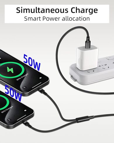 كابل شحن سريع مقسم USB C بقوة 100 واط من GELRHONR بطول 4 أقدام، كابل مقسم من النايلون المضفر 2 في 1 USB C إلى C، سلك شاحن مزدوج من النوع C للهاتف والكمبيوتر المحمول والكمبيوتر اللوحي والمزيد in Kuwait