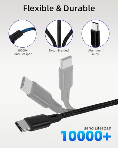 كابل شحن سريع مقسم USB C بقوة 100 واط من GELRHONR بطول 4 أقدام، كابل مقسم من النايلون المضفر 2 في 1 USB C إلى C، سلك شاحن مزدوج من النوع C للهاتف والكمبيوتر المحمول والكمبيوتر اللوحي والمزيد in Kuwait