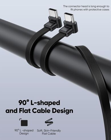 كابل USB C قصير 6 بوصة 2 حزمة، 60 وات مزدوج الزاوية اليمنى C إلى C كابل PD شحن سريع، سلك شاحن USB C مسطح 90 درجة متوافق مع بنك الطاقة، iPhone 17/16/15، Galaxy S25/S24/S23، بكسل in Kuwait