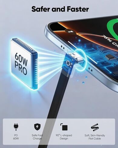 كابل USB C قصير 6 بوصة 2 حزمة، 60 وات مزدوج الزاوية اليمنى C إلى C كابل PD شحن سريع، سلك شاحن USB C مسطح 90 درجة متوافق مع بنك الطاقة، iPhone 17/16/15، Galaxy S25/S24/S23، بكسل in Kuwait