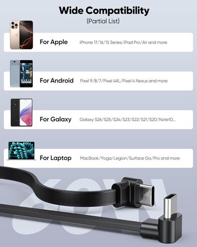 كابل USB C قصير 6 بوصة 2 حزمة، 60 وات مزدوج الزاوية اليمنى C إلى C كابل PD شحن سريع، سلك شاحن USB C مسطح 90 درجة متوافق مع بنك الطاقة، iPhone 17/16/15، Galaxy S25/S24/S23، بكسل in Kuwait