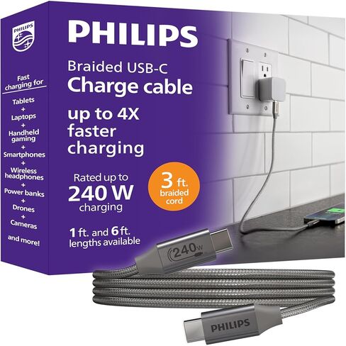 Philips 240W USB-C to USB-C Charging Cable, Laptop & Phone Cable for MacBook Pro & Air, Windows, iPhone 17 Series, Samsung Galaxy, Google Pixel, Drone, Camera, External SSD, 3 Ft, DLC3765BG/37 in Kuwait