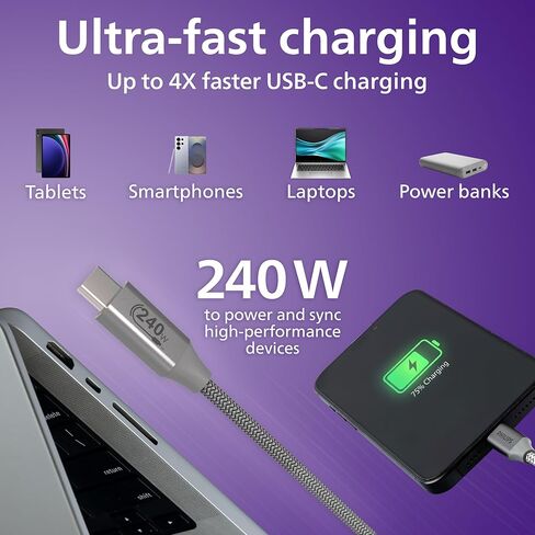 Philips 240W USB-C to USB-C Charging Cable, Laptop & Phone Cable for MacBook Pro & Air, Windows, iPhone 17 Series, Samsung Galaxy, Google Pixel, Drone, Camera, External SSD, 3 Ft, DLC3765BG/37 in Kuwait