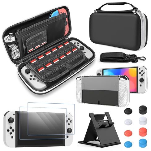 ملحقات Switch OLED، مجموعة حافظة لوحدة تحكم Nintendo Switch OLED، مجموعة FYOUNG 16 في 1: حقيبة حمل، غطاء واقٍ، مقبض لجهاز Joycon - أسود in Kuwait
