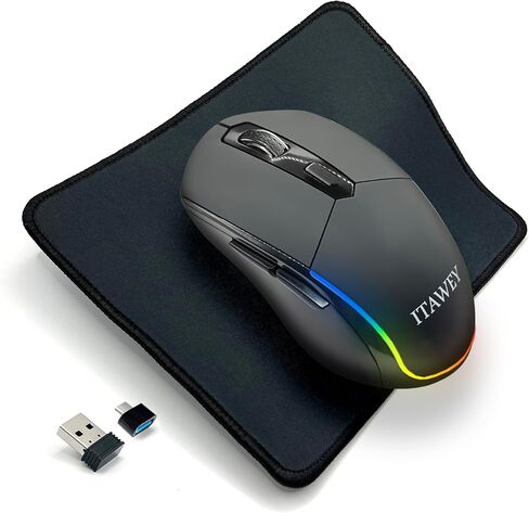 مجموعة ماوس ووسادة لاسلكية - شريط LED متعدد الألوان، مستقبل بلوتوث وUSB، وضع ثلاثي، 6 أزرار، قابلة لإعادة الشحن، نقرات هادئة، محول USB-C، دقة 3200 نقطة في البوصة - للكمبيوتر الشخصي والكمبيوتر المحمول والكمبيوتر اللوحي in Kuwait