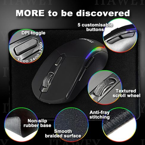مجموعة ماوس ووسادة لاسلكية - شريط LED متعدد الألوان، مستقبل بلوتوث وUSB، وضع ثلاثي، 6 أزرار، قابلة لإعادة الشحن، نقرات هادئة، محول USB-C، دقة 3200 نقطة في البوصة - للكمبيوتر الشخصي والكمبيوتر المحمول والكمبيوتر اللوحي in Kuwait