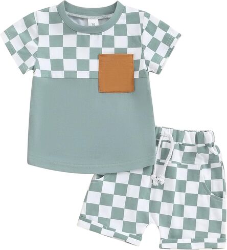 Baby Boy Girl Summer Outfits Checkerboard Short Sleeve T-Shirt Elastic Waist Shorts Set Toddler Checkered Outfit in Kuwait