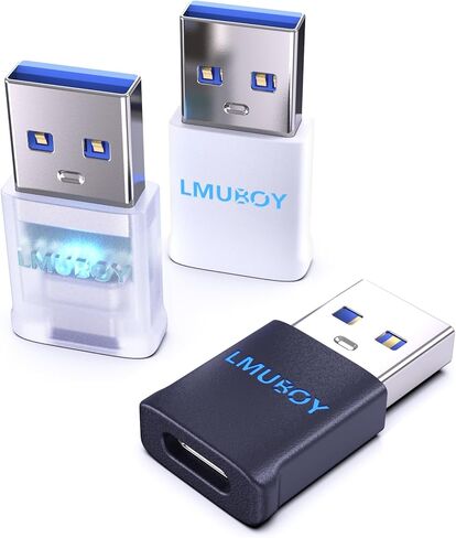 محول LMUBOY USB-A إلى USB-C مع ضوء LED، USB 3.0 للشحن السريع ونقل البيانات، تصميم مضغوط للسيارة والفندق والطائرة - أسود، أبيض، شفاف (3 عبوات) in Kuwait