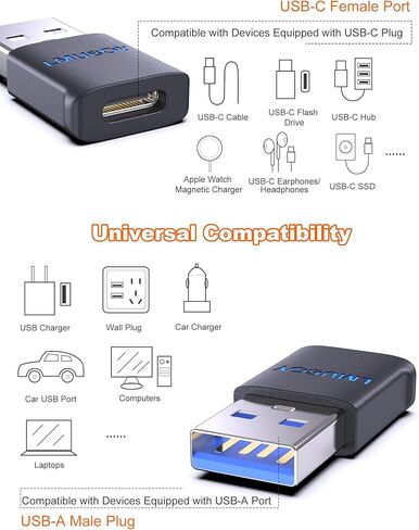 محول LMUBOY USB-A إلى USB-C مع ضوء LED، USB 3.0 للشحن السريع ونقل البيانات، تصميم مضغوط للسيارة والفندق والطائرة - أسود، أبيض، شفاف (3 عبوات) in Kuwait