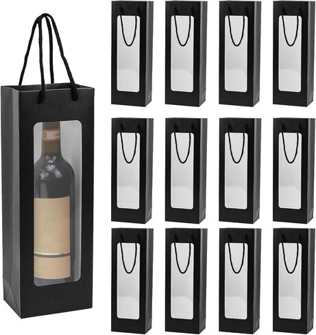 Ssyuysto 12Pcs Wine Gift Bag With Clear Window, Brown Kaft Bags for Bottles, New Year Birthday Housewarming Dinner Party in Saudi Arabia