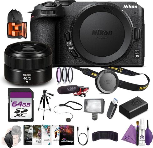 Nikon Z30 Mirrorless Camera 20.9MP 4K Vlog Video Content Creator Bundle with NIKKOR Z 40mm f/2 Lens + Ultracompact on Camera-Mount Microphone + Tripod + 64GB Memory Card + Backpack + More in Kuwait