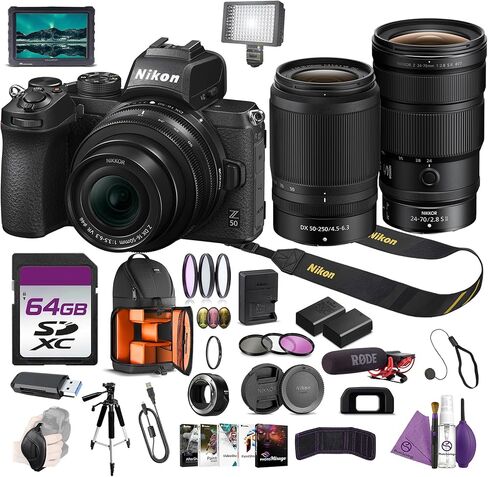 Nikon Z50 Digital Mirrorless Camera with 16-50mm 50-250mm Lens Kit Bundle with NIKKOR Z 24-70mm f/2.8 S II Lens + 7" Full HD Monitor + Microphone + Tripod + 64GB Memory Card + Backpack + More in Kuwait