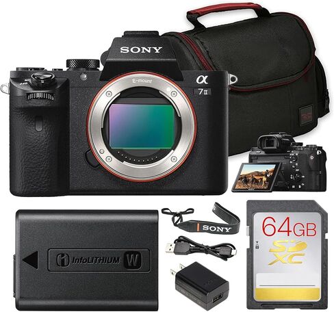 Sony a7 II Mirrorless Camera Bundle | 24.3MP Full-Frame Sensor, 5-Axis IBIS, Fast Hybrid AF & Full HD Video | Ideal for Portrait, Travel & Everyday Photography (ILCE7M2/B) + 64GB Card + Camera Bag in Kuwait