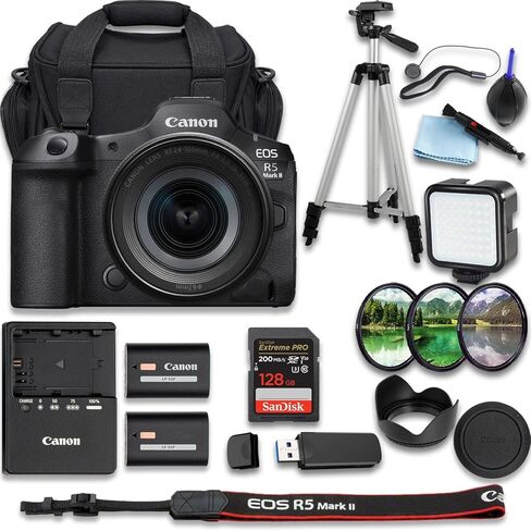 كاميرا Canon EOS R5 Mark II بدون مرآة مع + RF 24-105mm f/4-7.1 هي عدسة STM + SanDisk Extreme Pro 128 جيجابايت + بطارية بديلة إضافية + حقيبة كاميرا + المزيد (حزمة مكونة من 22 قطعة) (متجددة) in Kuwait