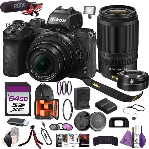 Nikon Z50 Mirrorless 4K Camera Dual Lens Kit Wide to Telephoto Bundle with FTZ II Mount Adapter + Ultracompact on Camera-Mount Microphone + Tripod + Filter Kit + 64GB Memory Card + Backpack + More in Kuwait