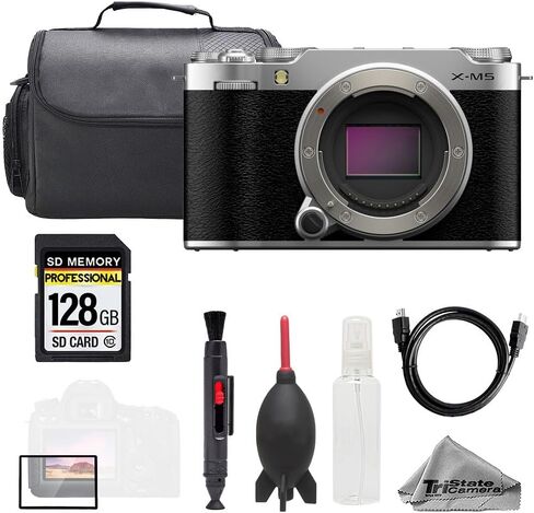 كاميرا Fujifilm X-M5 الرقمية بدون مرآة (فضية) مع بطاقة ذاكرة 128 جيجابايت، وحقيبة كاميرا، وحزمة واقي الشاشة - مجموعة التصوير الأساسية الأساسية in Kuwait