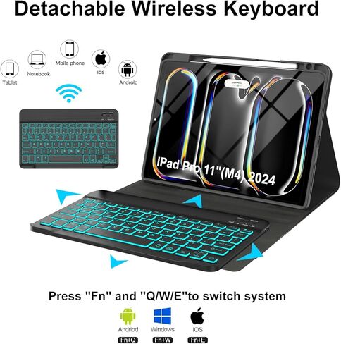 WINCHKING Keyboard Case for iPad Pro 11 inch (M4) 2024,7-Color Backlit Detachable Wireless Keyboard with Built-in Pencil Holder Precise Cutout Slim Case for iPad Pro (Non-Touchpad Backlit Black) in Saudi Arabia
