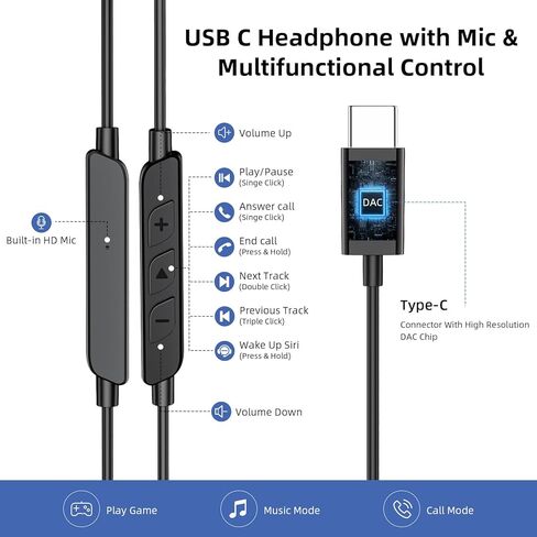سماعات أذن USB C فوق الأذن سلكية لأجهزة Samsung S26 Ultra S25 FE S24 A17 A16 A36 HiFi Stereo HD Mic داخل الأذن عزل الضوضاء سماعة أذن من النوع C لهاتف iPhone 17 Pro Max 16e 16 15 Pixel 10a 9a in Kuwait