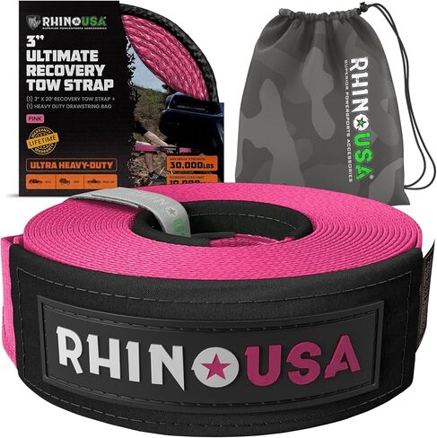حزام سحب RHINO USA Recovery مقاس 3 بوصات × 20 قدمًا - قوة كسر تم اختبارها في المعمل تبلغ 31,518 رطلًا - تتضمن حقيبة سلسلة سحب شديدة التحمل - نهاية حلقة معززة ثلاثية لضمان راحة البال - حبل سحب للطوارئ على الطرق الوعرة in Kuwait