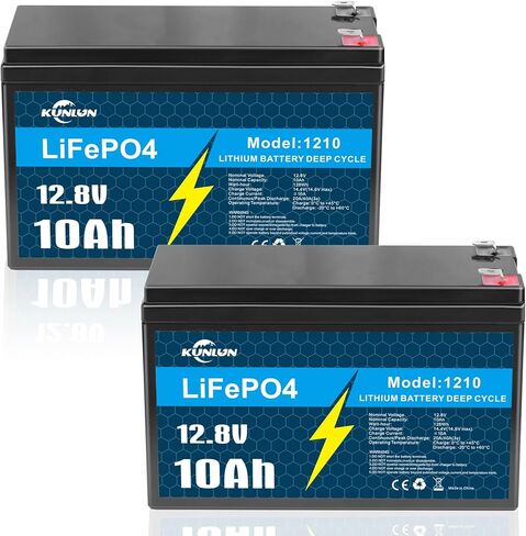 KUNLUN 12V 10Ah LiFePO4 Lithium Battery（2 Pack），5000+ Deep Cycles, IP67 Waterproof Lithium Iron Phosphate Battery, Built-in BMS, Ideal for Power Wheels, Marine, Fish Finder, Ride-on Toy, Camping in Kuwait