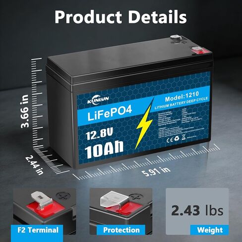 KUNLUN 12V 10Ah LiFePO4 Lithium Battery（2 Pack），5000+ Deep Cycles, IP67 Waterproof Lithium Iron Phosphate Battery, Built-in BMS, Ideal for Power Wheels, Marine, Fish Finder, Ride-on Toy, Camping in Kuwait