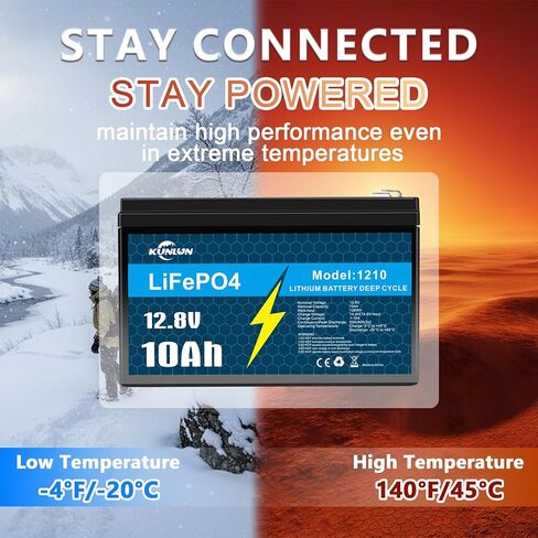 KUNLUN 12V 10Ah LiFePO4 Lithium Battery（2 Pack），5000+ Deep Cycles, IP67 Waterproof Lithium Iron Phosphate Battery, Built-in BMS, Ideal for Power Wheels, Marine, Fish Finder, Ride-on Toy, Camping in Kuwait