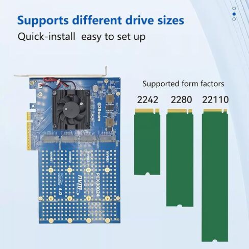 بطاقة توسيع JMT PCIe4.0 X8 إلى 4-Bay M.2 MKey B+MKey SSD 16GT/S متوافقة مع M.2 NVMe 2242 2280 22110 SSD in Kuwait