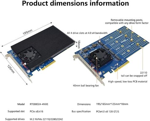 بطاقة توسيع JMT PCIe4.0 X8 إلى 4-Bay M.2 MKey B+MKey SSD 16GT/S متوافقة مع M.2 NVMe 2242 2280 22110 SSD in Kuwait
