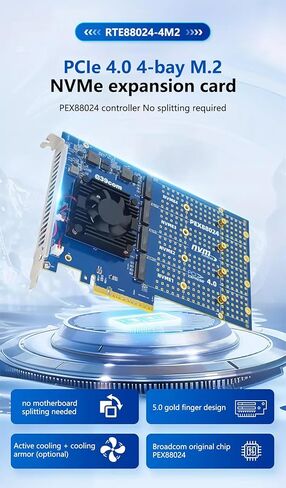 بطاقة توسيع JMT PCIe4.0 X8 إلى 4-Bay M.2 MKey B+MKey SSD 16GT/S متوافقة مع M.2 NVMe 2242 2280 22110 SSD in Kuwait