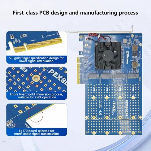 بطاقة توسيع JMT PCIe4.0 X8 إلى 4-Bay M.2 MKey B+MKey SSD 16GT/S متوافقة مع M.2 NVMe 2242 2280 22110 SSD in Kuwait