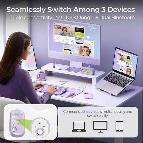 ماوس سيندا MOU001 بلوتوث لاسلكي، اتصال 3 أجهزة (USB وبلوتوث مزدوج)، ماوس مريح للكمبيوتر المحمول، ماوس كمبيوتر قابل لإعادة الشحن، 3 مستويات DPI لنظام التشغيل Windows، Mac Chromebook، أرجواني in Kuwait