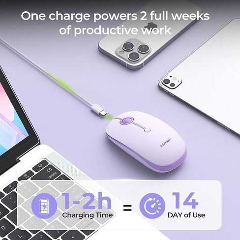 ماوس سيندا MOU001 بلوتوث لاسلكي، اتصال 3 أجهزة (USB وبلوتوث مزدوج)، ماوس مريح للكمبيوتر المحمول، ماوس كمبيوتر قابل لإعادة الشحن، 3 مستويات DPI لنظام التشغيل Windows، Mac Chromebook، أرجواني in Kuwait