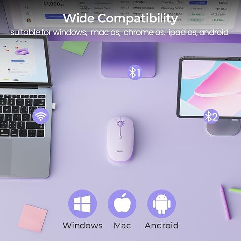 ماوس سيندا MOU001 بلوتوث لاسلكي، اتصال 3 أجهزة (USB وبلوتوث مزدوج)، ماوس مريح للكمبيوتر المحمول، ماوس كمبيوتر قابل لإعادة الشحن، 3 مستويات DPI لنظام التشغيل Windows، Mac Chromebook، أرجواني in Kuwait