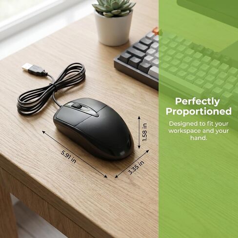 ماوس كمبيوتر سلكي USB للكمبيوتر الشخصي والكمبيوتر المحمول والكمبيوتر بنظام Windows - حجم كامل - تصميم يمكن استخدامه بكلتا اليدين - 3 أزرار - قياسي، أسود in Kuwait