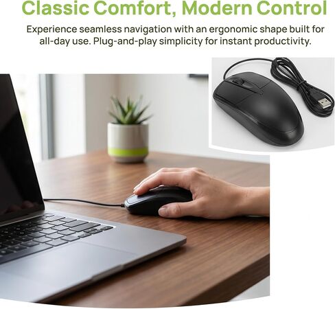 ماوس كمبيوتر سلكي USB للكمبيوتر الشخصي والكمبيوتر المحمول والكمبيوتر بنظام Windows - حجم كامل - تصميم يمكن استخدامه بكلتا اليدين - 3 أزرار - قياسي، أسود in Kuwait