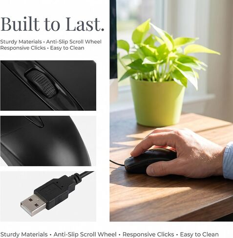 ماوس كمبيوتر سلكي USB للكمبيوتر الشخصي والكمبيوتر المحمول والكمبيوتر بنظام Windows - حجم كامل - تصميم يمكن استخدامه بكلتا اليدين - 3 أزرار - قياسي، أسود in Kuwait