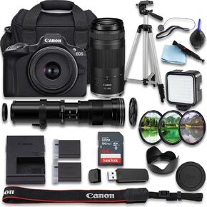 كاميرا Canon EOS R50 بدون مرآة مع RF-S مقاس 18-45 مم f/4.5-6.3 STM + RF 75-300 مم + 420-800 مم f/8 عدسة تليفوتوغرافي فائقة الدقة يدوية + SanDisk Ultra 64 جيجابايت + بطارية إضافية (حزمة 25 قطعة) (متجددة) in Kuwait