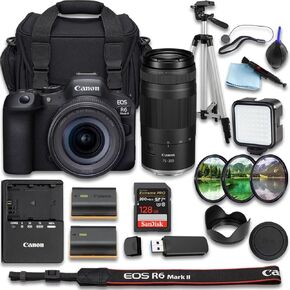 كاميرا Canon EOS R6 Mark II بدون مرآة مع + RF 24-105mm f/4-7.1 is STM + RF 75-300mm f/4-5.6 Lens + SanDisk Extreme Pro 128GB + بطارية بديلة إضافية + المزيد (حزمة 23 قطعة) (متجددة) in Kuwait