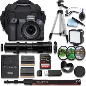 كاميرا Canon EOS R5 بدون مرآة مع + RF 24-105mm f/4-7.1 is STM + عدسة Telephoto مقاس 420-800 مم f/8 + SanDisk Extreme Pro 128GB + بطارية بديلة إضافية + المزيد (حزمة مكونة من 24 قطعة) (متجددة) in Kuwait
