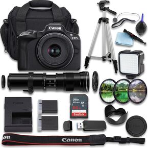 كاميرا Canon EOS R50 بدون مرآة + RF-S مقاس 18-45 مم f/4.5-6.3 STM + عدسة مقربة فائقة الدقة يدوية مقاس 420-800 مم f/8 + SanDisk Ultra سعة 64 جيجابايت + بطارية إضافية + حقيبة كاميرا (حزمة مكونة من 22 قطعة) (متجددة) in Kuwait