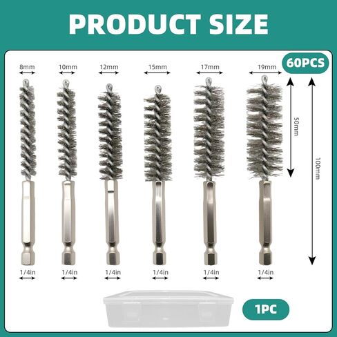 60 Pcs Stainless Steel Bore Brush Set, Abrasive Wire Bore Brush with 1/4" Hex Shank Twisted Drill Wire Bore Brush for Power Rust Polish, Drill and Tube Cleaning in Kuwait