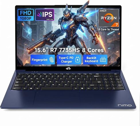 NIMO Gaming Laptop 15.6", AMD Ryzen 7 7735HS (Beat 4.75GHz), 16GB DDR5 RAM, 512GB PCIe 4.0 SSD, Windows 11 Home, 1080P FHD Display, Backlit Keyboard, 100W PD Fast Charge, 2X Full-Function USB-C in Kuwait