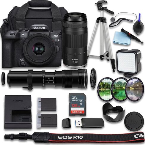 Canon EOS R10 Mirrorless Camera with RF-S 18-45mm f/4.5-6.3 is STM + RF 75-300mm + 420-800mm f/8 Manual Super HD Telephoto Lens + SanDisk Ultra 64GB + Extra Battery(26pc Bundle) (Renewed) in Kuwait