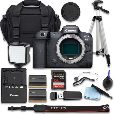 كاميرا Canon EOS R5 بدون مرآة مع + SanDisk Extreme Pro سعة 128 جيجابايت + بطارية بديلة إضافية + حقيبة حمل الكاميرا والمزيد (حزمة مكونة من 17 قطعة) (متجددة) in Kuwait