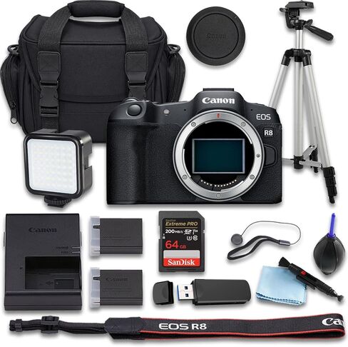 Canon EOS R8 Mirrorless Camera with SanDisk Extreme Pro 64GB + Extra Spare Replacement Battery + Camera Carrying Case and More(16pc Bundle) (Renewed) in Kuwait