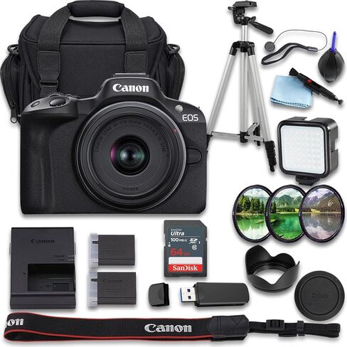 كاميرا Canon EOS R50 بدون مرآة مع RF-S مقاس 18-45 مم f/4.5-6.3 هي عدسة STM + SanDisk Ultra 64 جيجابايت + بطارية بديلة إضافية + حقيبة حمل الكاميرا والمزيد (حزمة 20 قطعة) (متجددة) in Kuwait