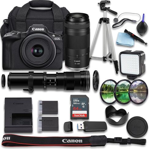 كاميرا Canon EOS R50 بدون مرآة مع RF-S مقاس 18-45 مم f/4.5-6.3 STM + RF 75-300 مم + 420-800 مم f/8 عدسة تليفوتوغرافي فائقة الدقة يدوية + SanDisk Ultra 64 جيجابايت + بطارية إضافية (حزمة 25 قطعة) (متجددة) in Kuwait