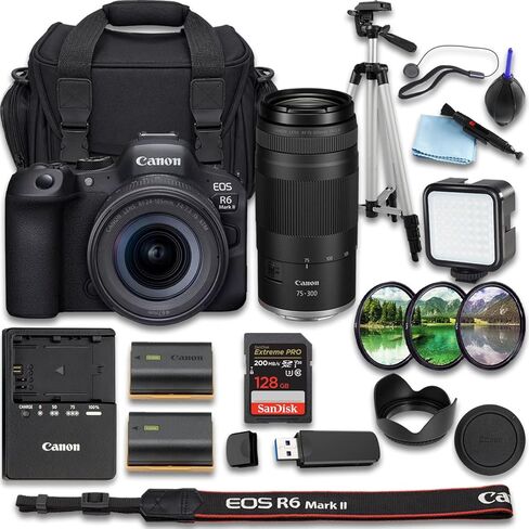 Canon EOS R6 Mark II Mirrorless Camera with + RF 24-105mm f/4-7.1 is STM + RF 75-300mm f/4-5.6 Lens + SanDisk Extreme Pro 128GB + Extra Replacement Battery + More(23pc Bundle) (Renewed) in Kuwait