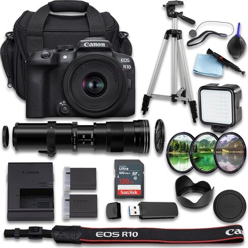 كاميرا Canon EOS R10 بدون مرآة + RF-S مقاس 18-45 مم f/4.5-6.3 is STM + عدسة مقربة فائقة الدقة يدوية مقاس 420-800 مم f/8 + SanDisk Ultra 64 جيجابايت + بطارية إضافية + حقيبة كاميرا (حزمة مكونة من 23 قطعة) (متجددة) in Kuwait